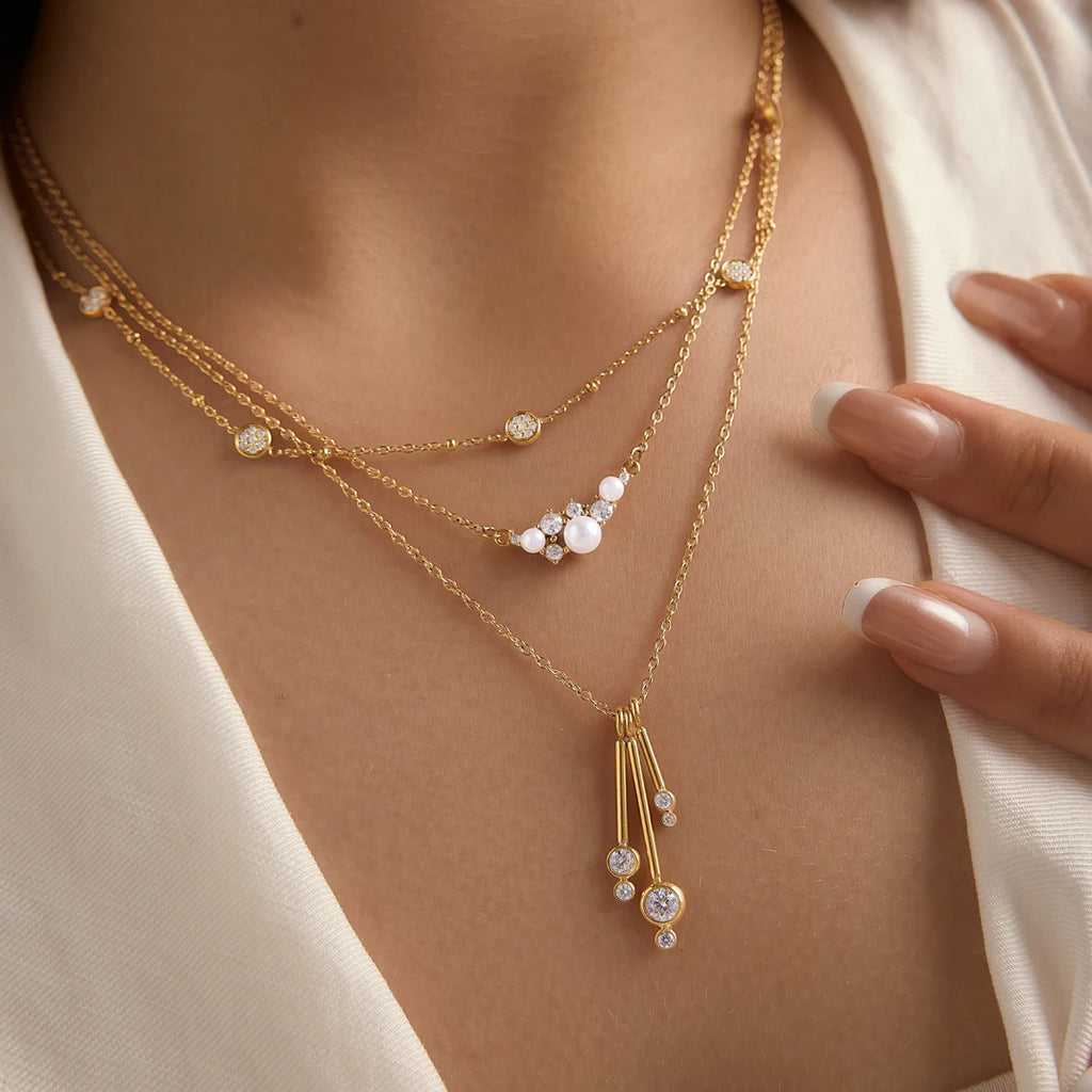 KIKA Delicate Zircon Imitation Pearl Pendant Necklace 18K Gold Plated Stainless Steel 316L