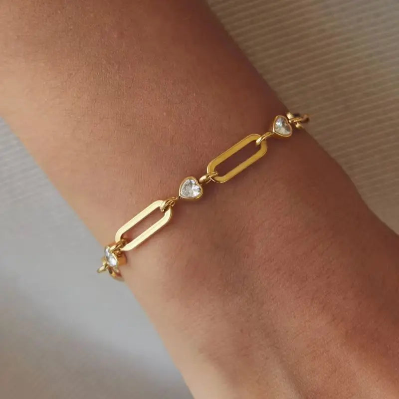 KIKA Heart Zircon Paperclip Chain Bracelet For Women Minimalist 18K Gold PVD Plated Stainless Steel Bracelet Fashion Jewelry