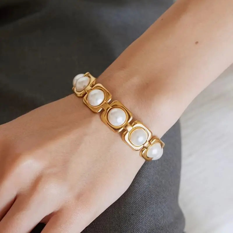 KIKA Vintage Imitation Pearl Cuff Bracelet 18K Gold Plated Stainless Steel 316L