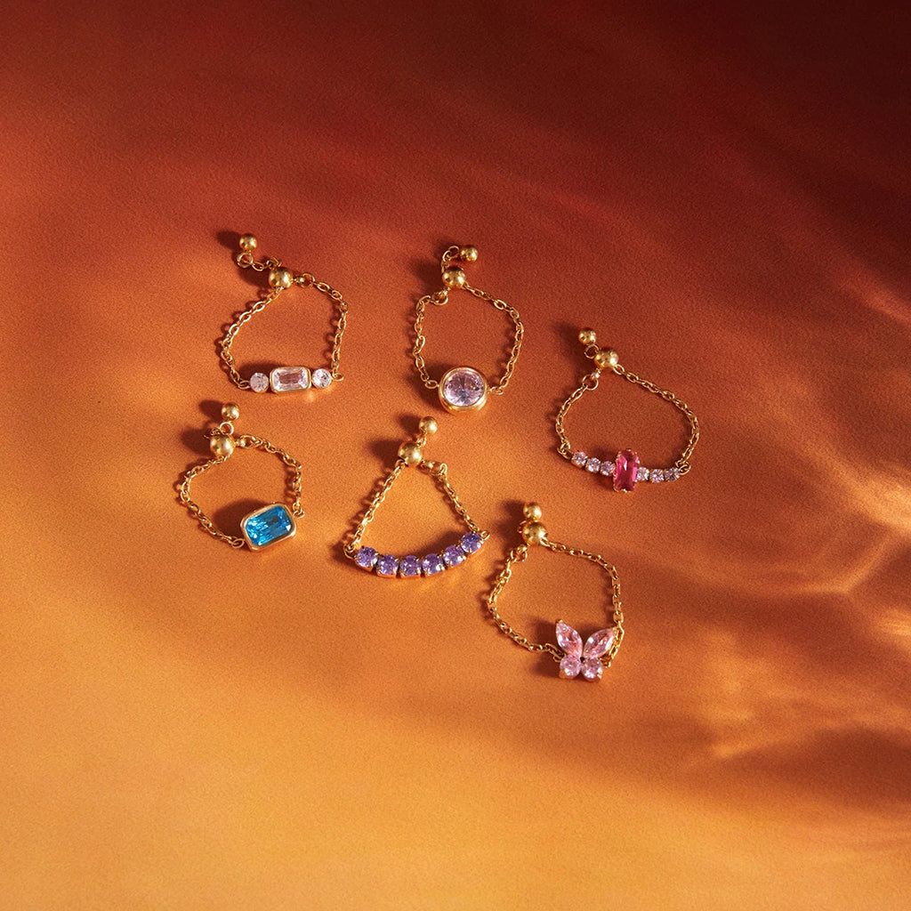 Geometric Colored Zircon Ring With Draw-Out Adjustable Design