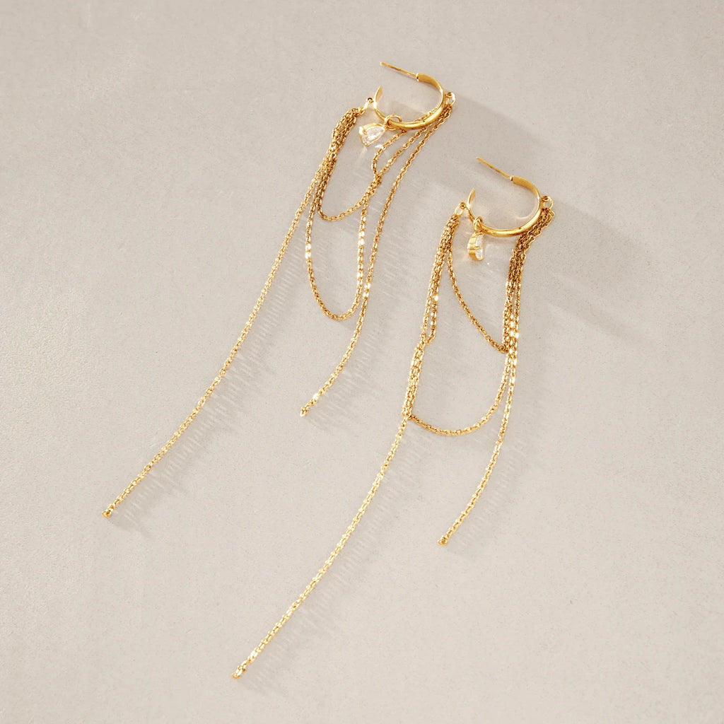KIKA Water Drop Zircon Long Chains Tassel Earrings For Women 18K Gold PVD Plated Stainless Steel 316L