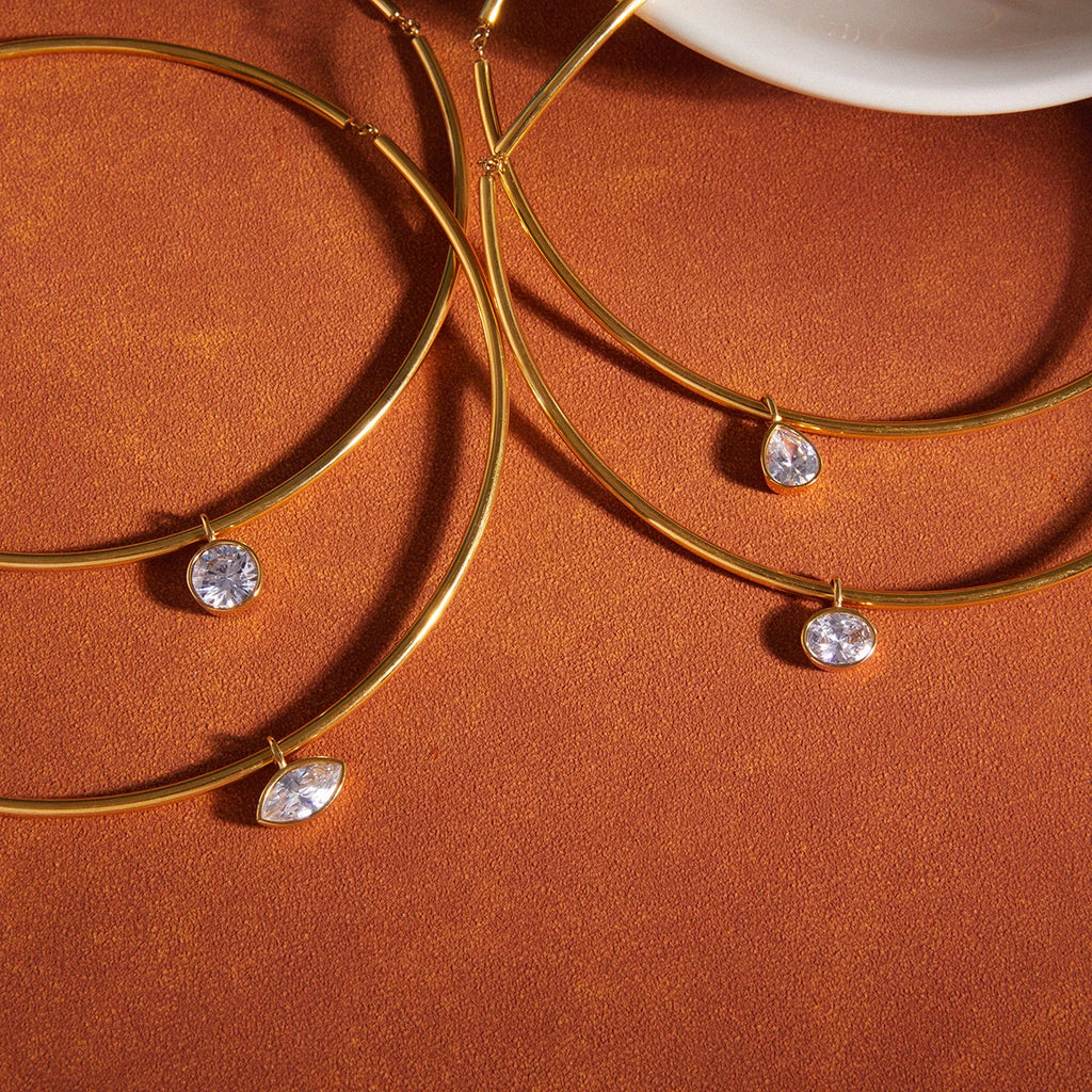Classic Gold Color Geometric White Zircon Choker Necklace