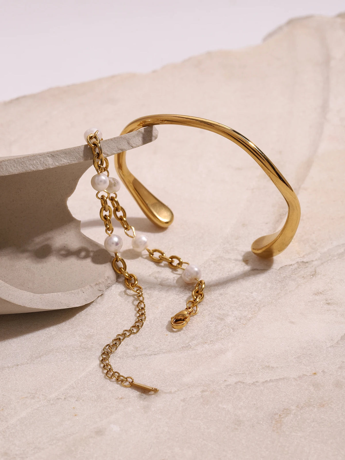 Kika Women's Jewelry Set Pearl Chain Gold Bracelet Adjustable Stackable Bracelet Love Earrings Gift for Her