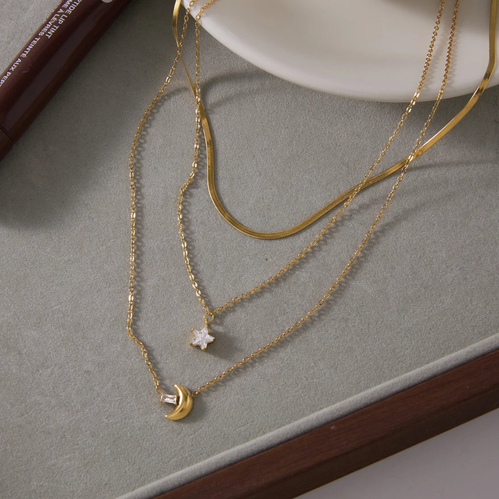 Kika Delicate Square White Zircon Moon Star Pendant With Three Layers Chain Necklaces