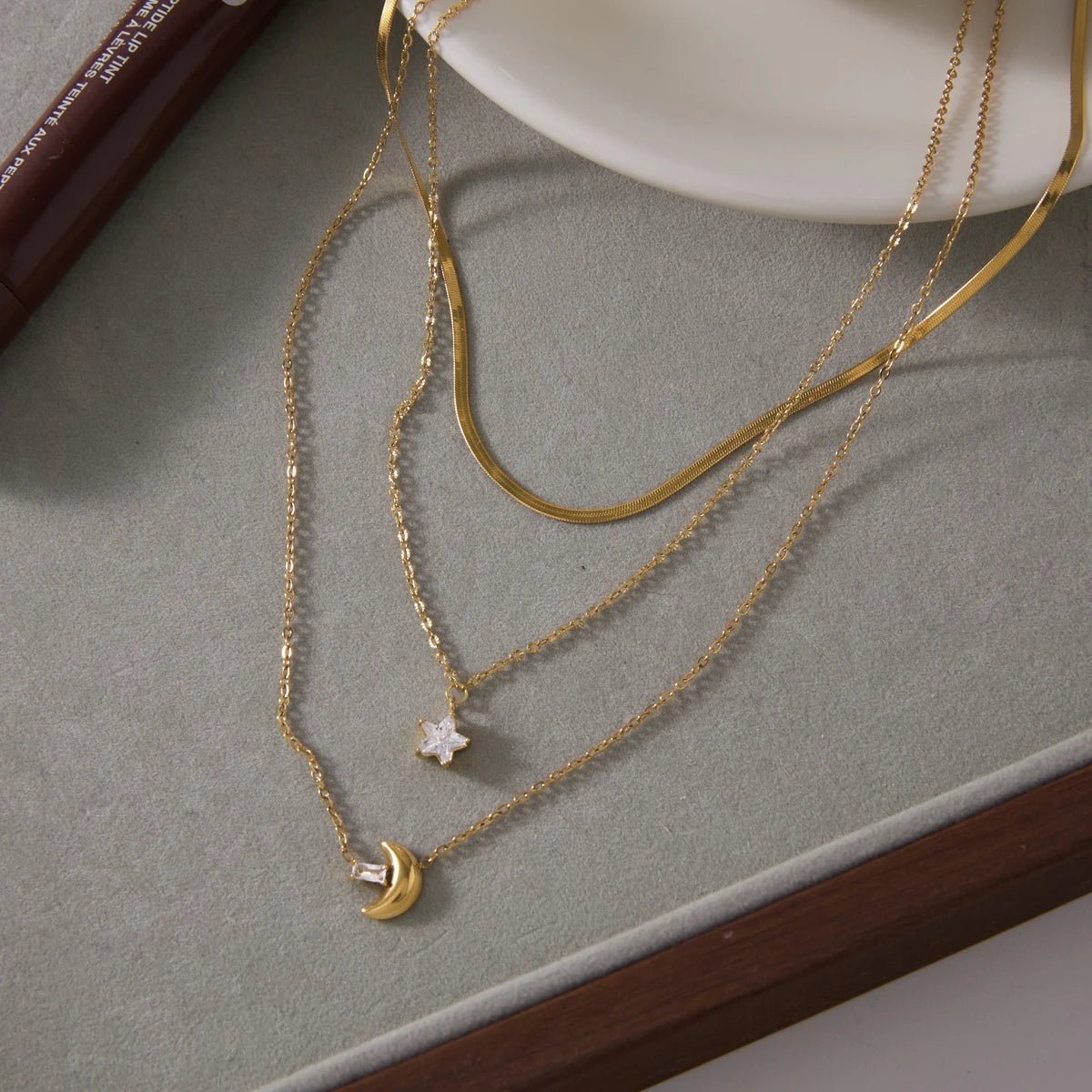 Kika Delicate Square White Zircon Moon Star Pendant With Three Layers Chain Necklaces