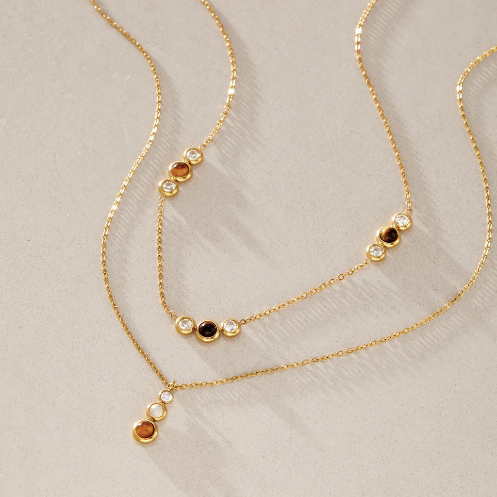 KIKA Tiger Eye Stone Zircon Pendant Necklace For Women Minimalist 18K Gold PVD Plated Stainless Steel 316L