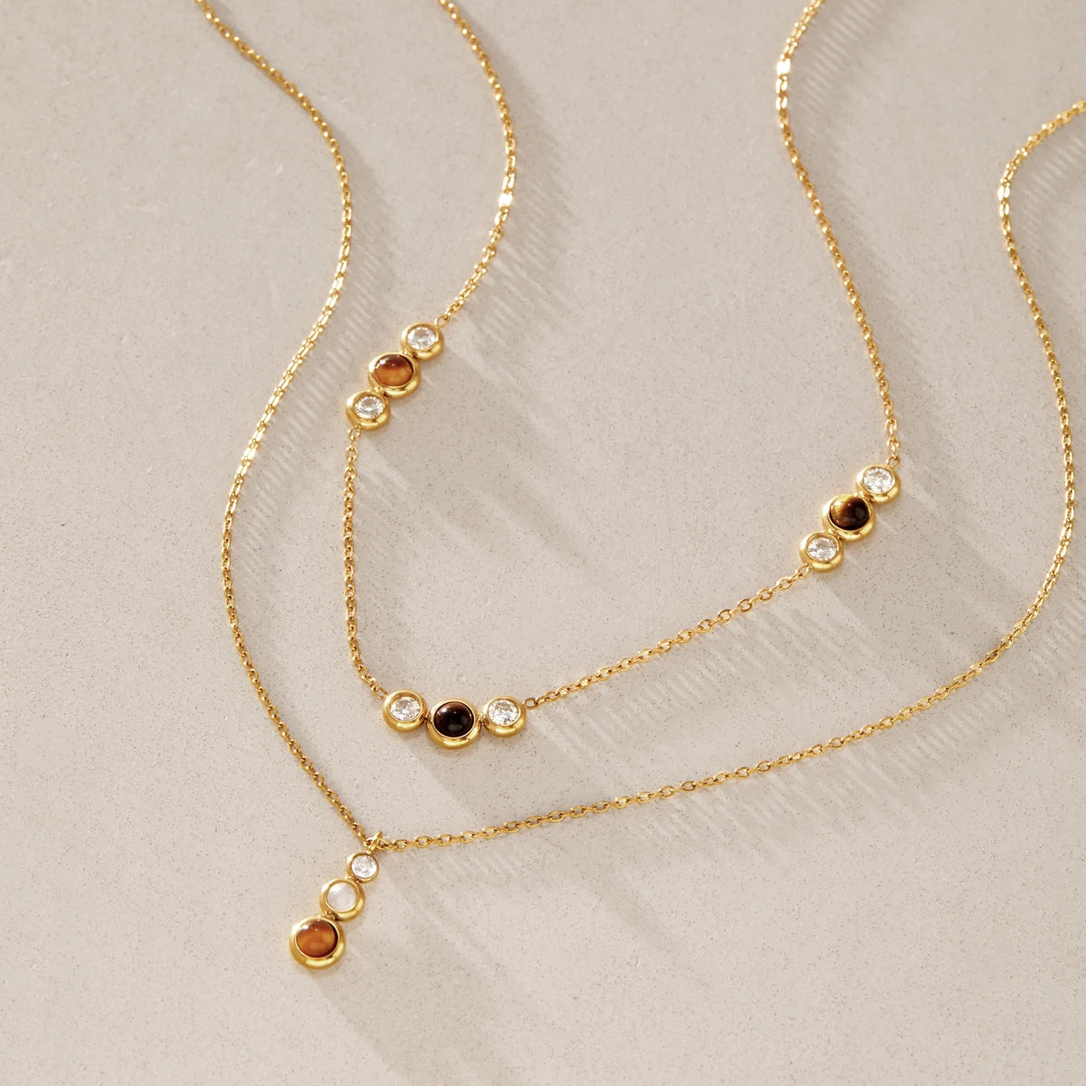 KIKA Tiger Eye Stone Zircon Pendant Necklace For Women Minimalist 18K Gold PVD Plated Stainless Steel 316L