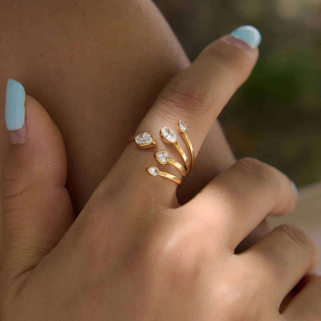 KIKA Delicate Geometric Zircon Multilayer Open Rings PVD Plated Stainless Steel 316L