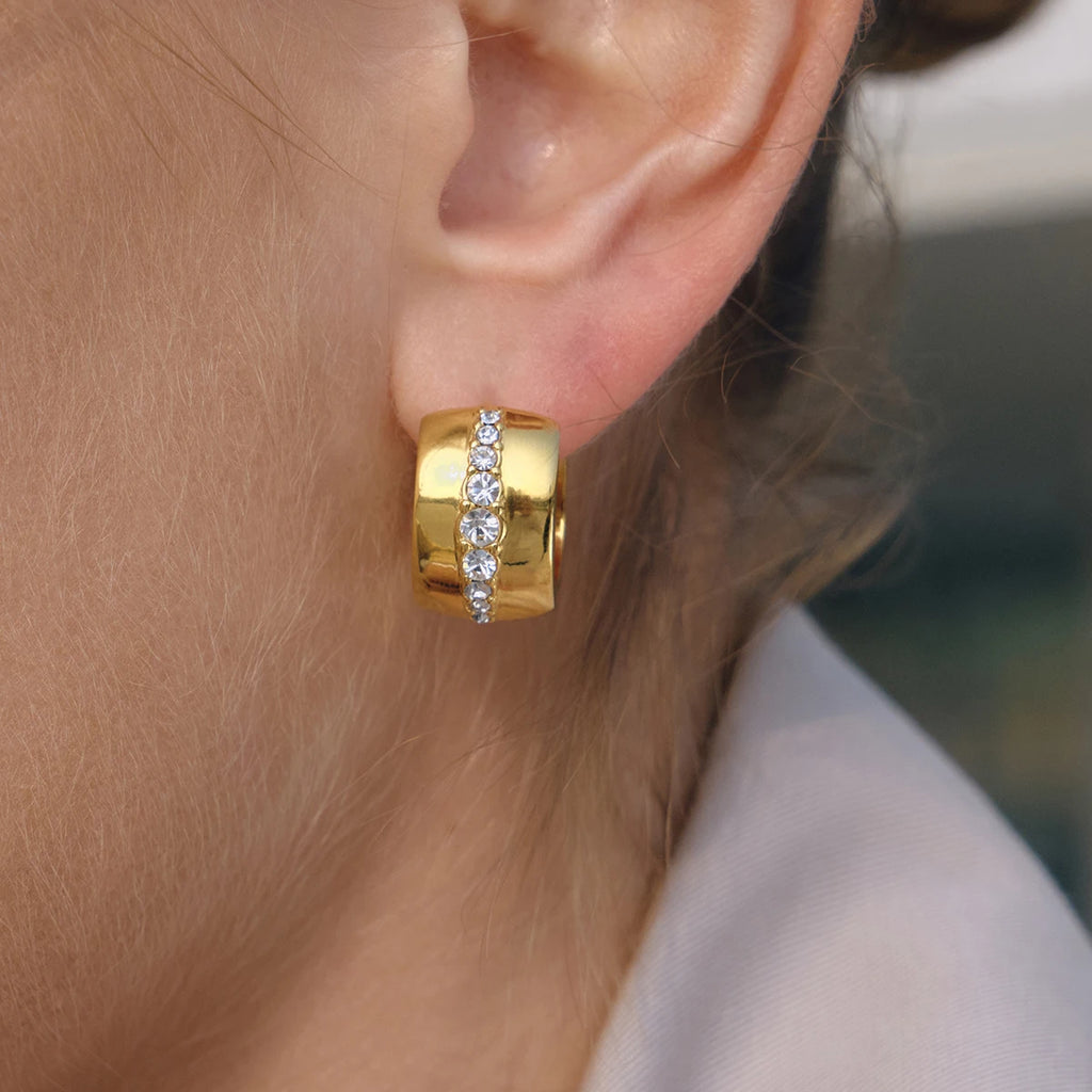 Classic Gold Color Wide-Faced Ear Buckle Earring With White Rhinestone