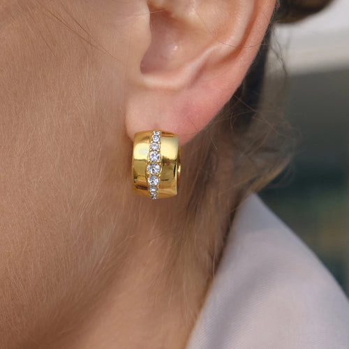 Classic Gold Color Wide-Faced Ear Buckle Earring With White Rhinestone