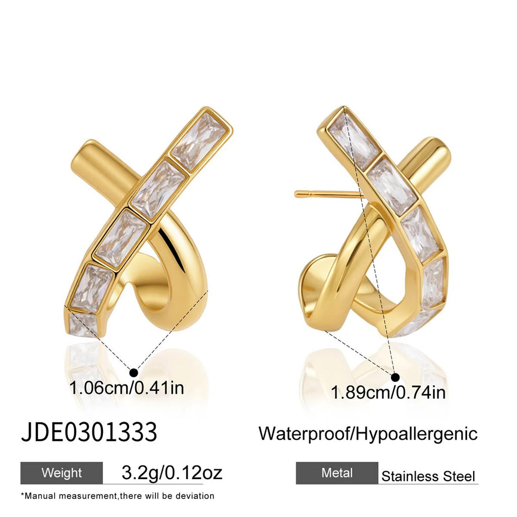 KIKA Rectangle Zircon X Shape Cross Stud Earrings  18K Gold PVD Plated Stainless Steel 316L