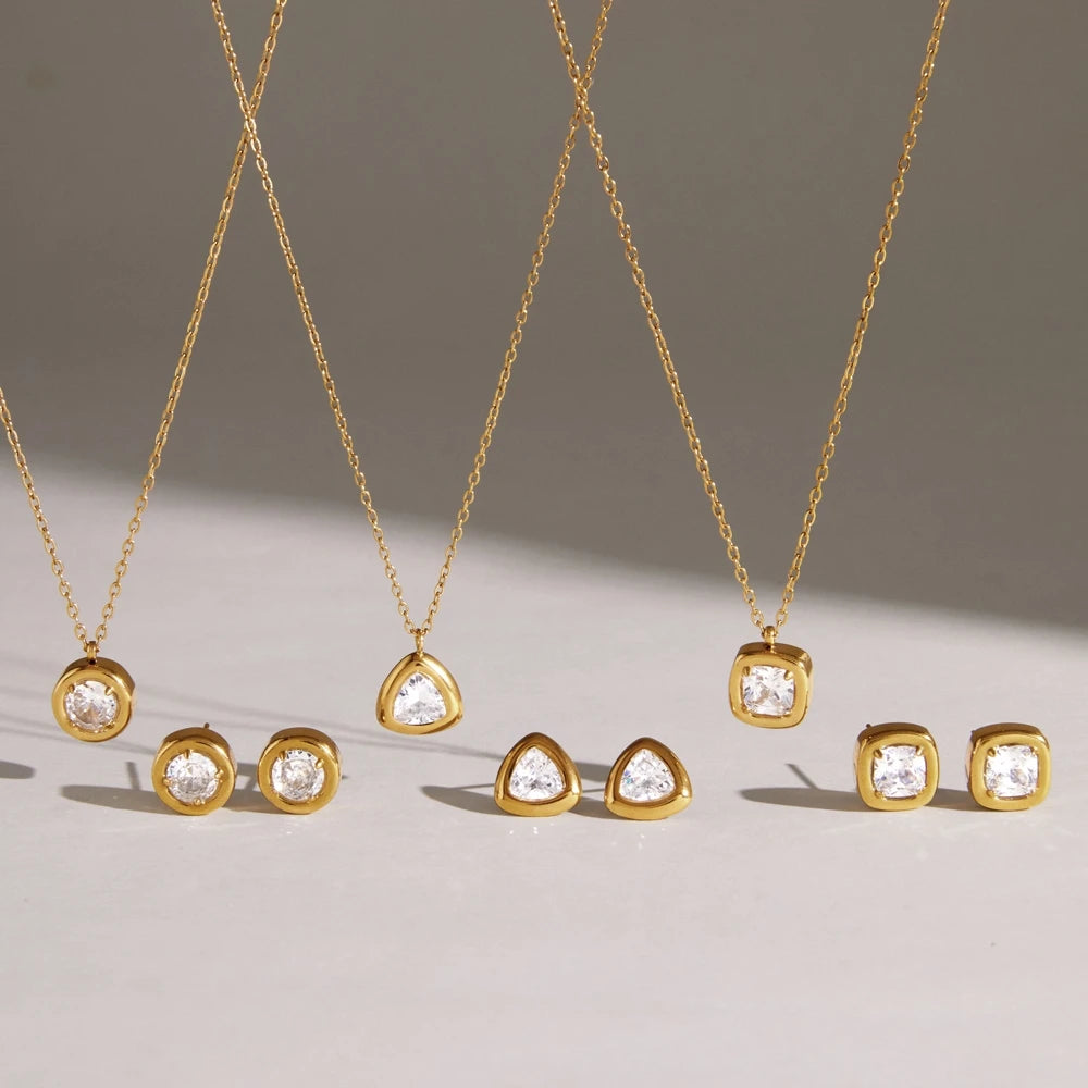 KIKA Delicate Geometric Zircon Necklace Earrings For Women Minimalist 18K Gold PVD Plated Stainless Steel 316L