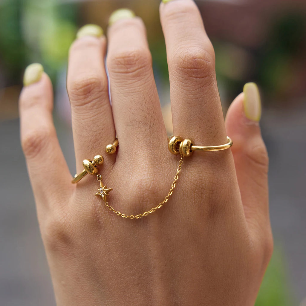 Kika Crystal Star Short Tassel Open Rings Minimalist 18K Gold PVD Plated Stainless Steel 316L