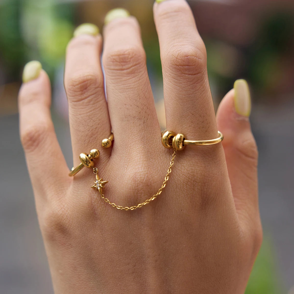 Kika Crystal Star Short Tassel Open Rings Minimalist 18K Gold PVD Plated Stainless Steel 316L