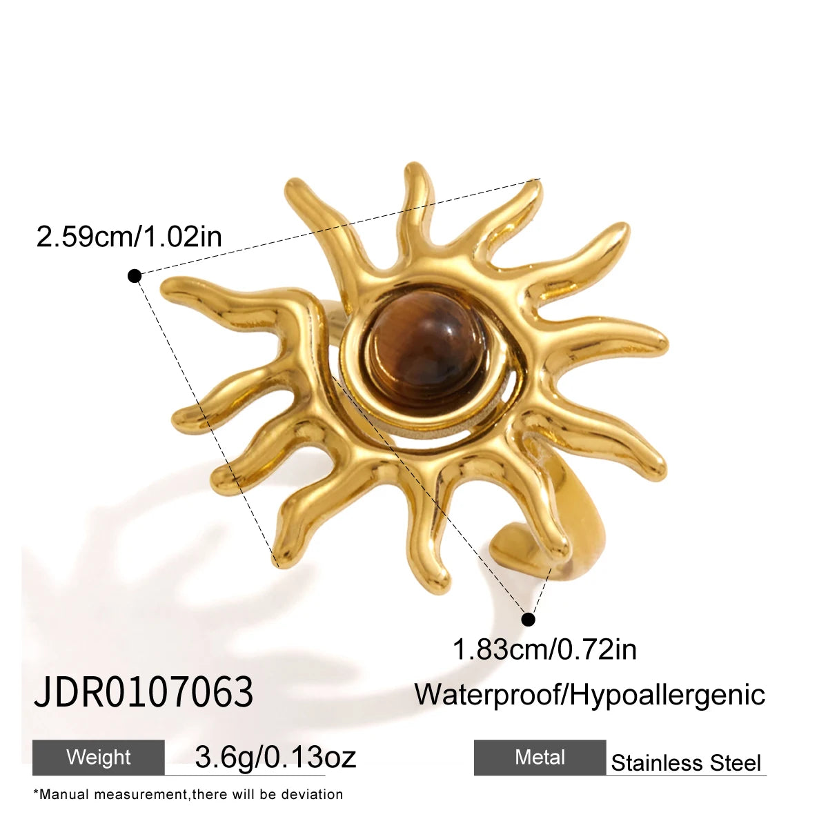 KIKA Vintage Tiger Eye Stone Sprial Sun Open Rings For Women 18K Gold PVD Plated Stainless Steel 316L