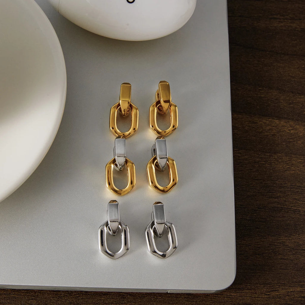 Kika  Delicate Blocked Smooth Geometric Double Ring Pendant Earrings