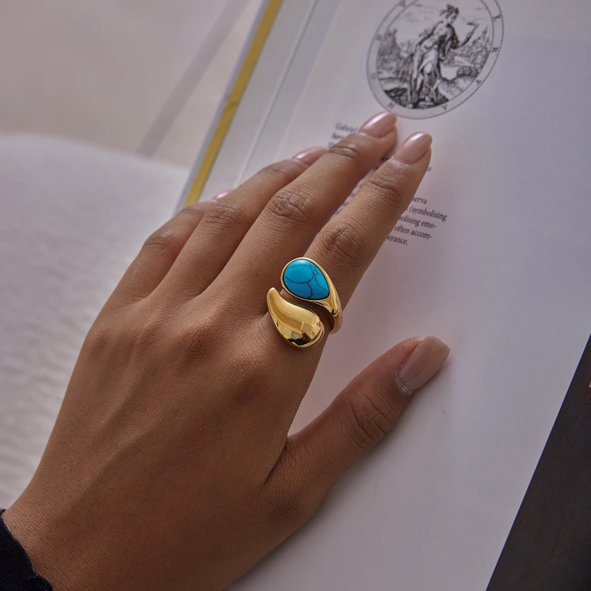 KIKA Vintage  18K Gold Color PVD Plated Blue Turquoise Asymmetric Open Rings Waterproof Stainless Steel 316L