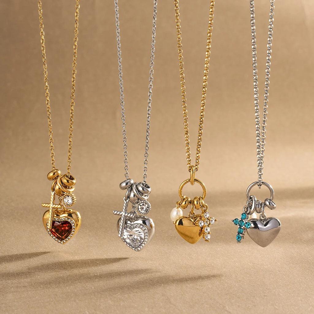 Kika Delicate Steel Color Cross Heart-Shaped Pendant With White Rhinestone Zircon O-Chain Necklace