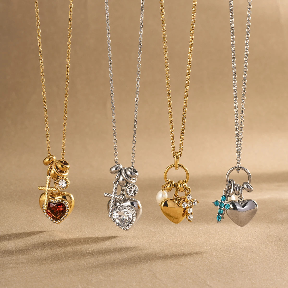 Kika Delicate Steel Color Cross Heart-Shaped Pendant With White Rhinestone Zircon O-Chain Necklace