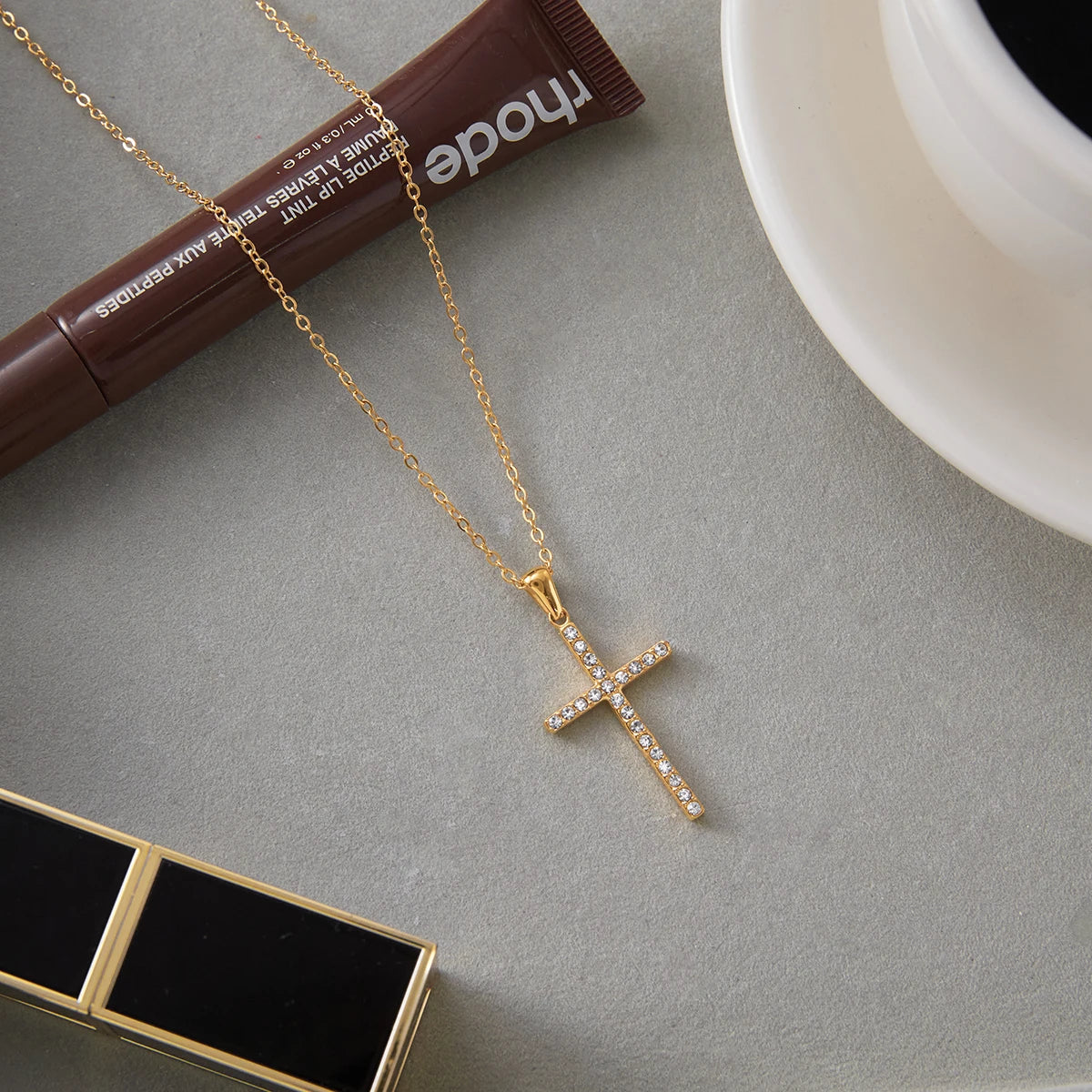 Kika Classic Fashion 18K Gold Color Plated Inlay White Zircon Cross Pendant Necklace