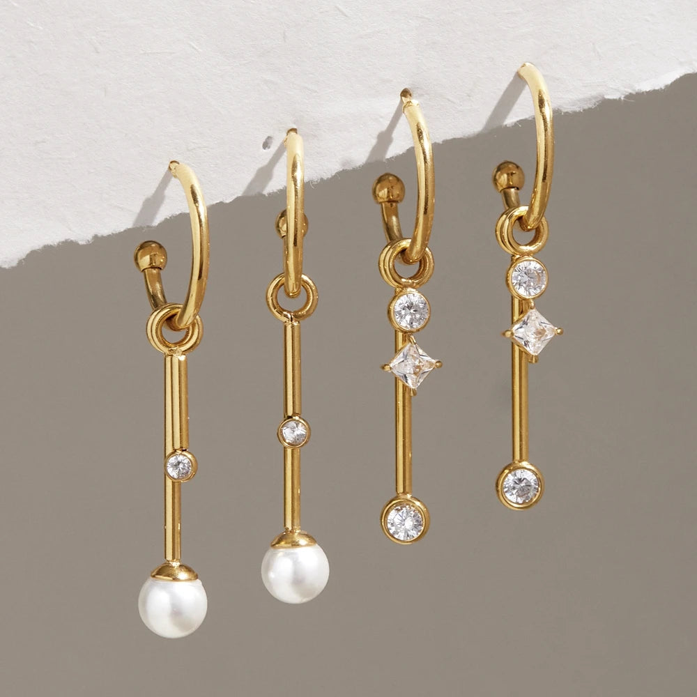 KIKA Detachable Zircon Imitation Pearl Drop Earrings PVD 18K Gold Plated Stainless Steel 316L