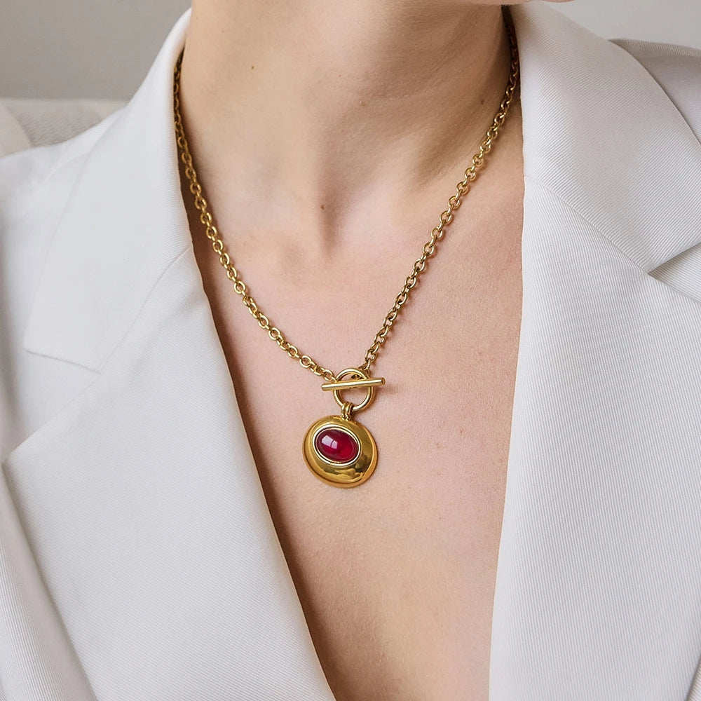 KIKA Classic Red Resin Pendant Necklace  18K Gold PVD Plated Stainless Steel 316L