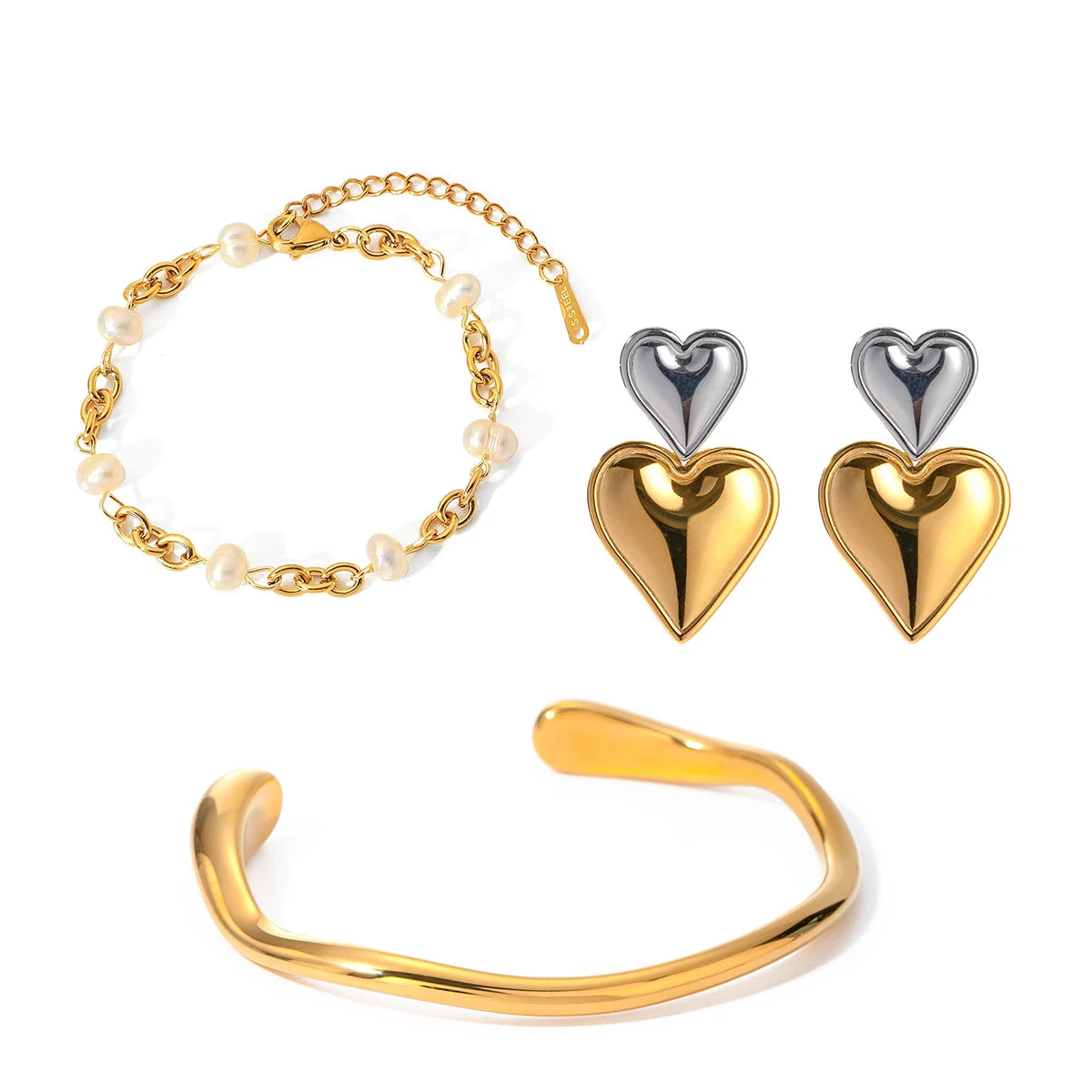 Kika Women's Jewelry Set Pearl Chain Gold Bracelet Adjustable Stackable Bracelet Love Earrings Gift for Her