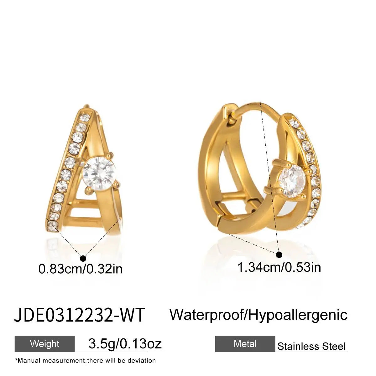 KIKA Delicate Zircon C Shape Stud Earrings PVD 18K Gold Plated Stainless Steel 316L