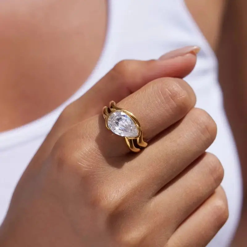Kika Water Drop Zircon Double Layer Open Rings 18K Gold PVD Plated Stainless Steel 316L