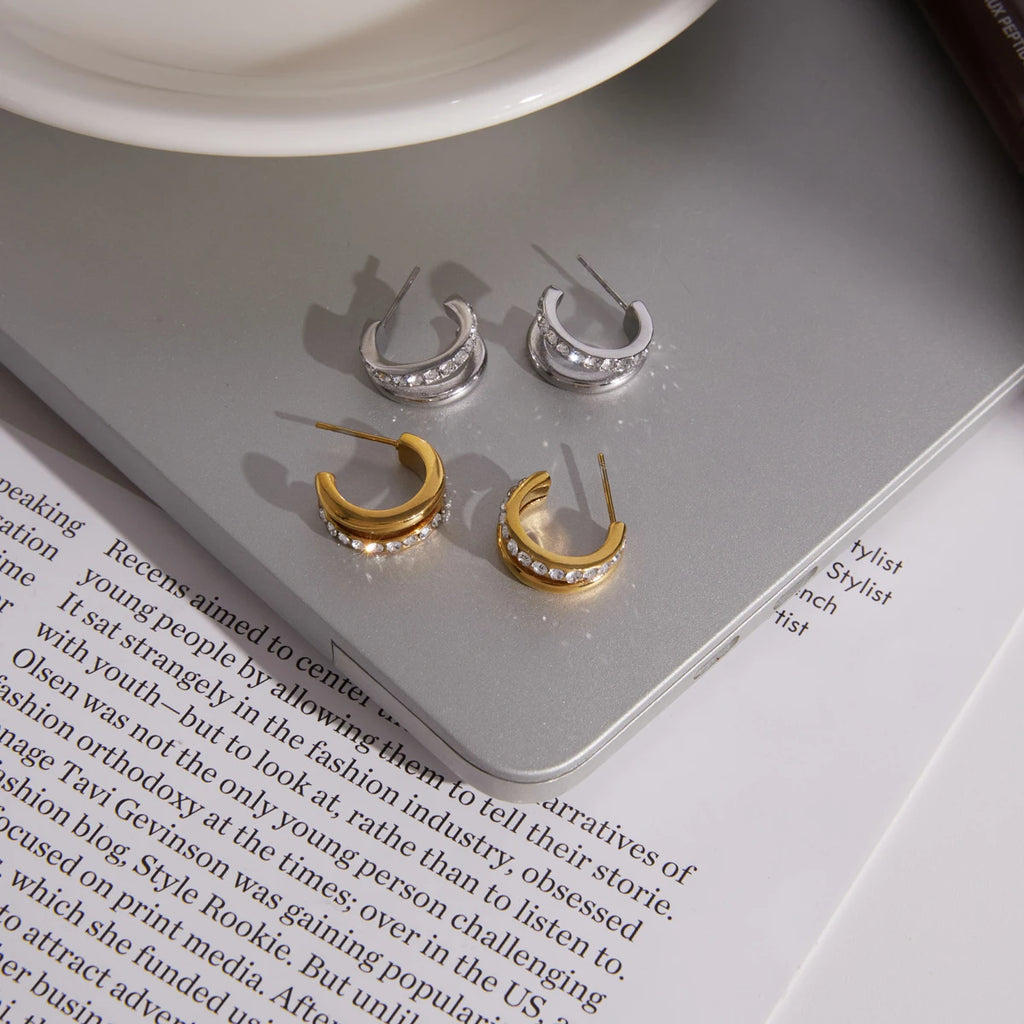 Kika Delicate Zircon C Shape Stud Earrings 18K Gold PVD Plated Stainless Steel 316L
