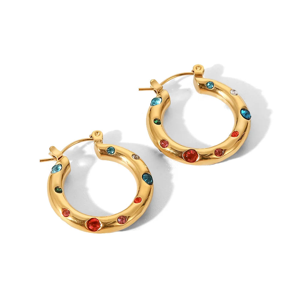KIKA Shaped Hammer Shiny Zircon CC Shape Hoop Earrings For Women 18K Gold PVD Plated Stainless Steel 316L