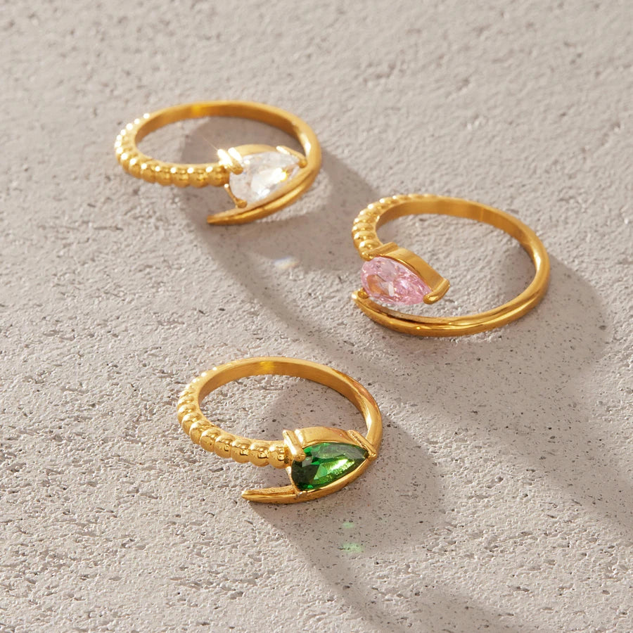 KIKA Water Drop Zircon Snake Shape Open Rings 18K Gold PVD Plated Stainless Steel 316L
