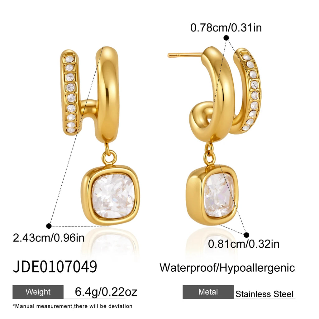 KIKA Water Drop Square Zircon Earrings For Women Minimalist C Shape 18K Gold Plated Stainless Steel 316L