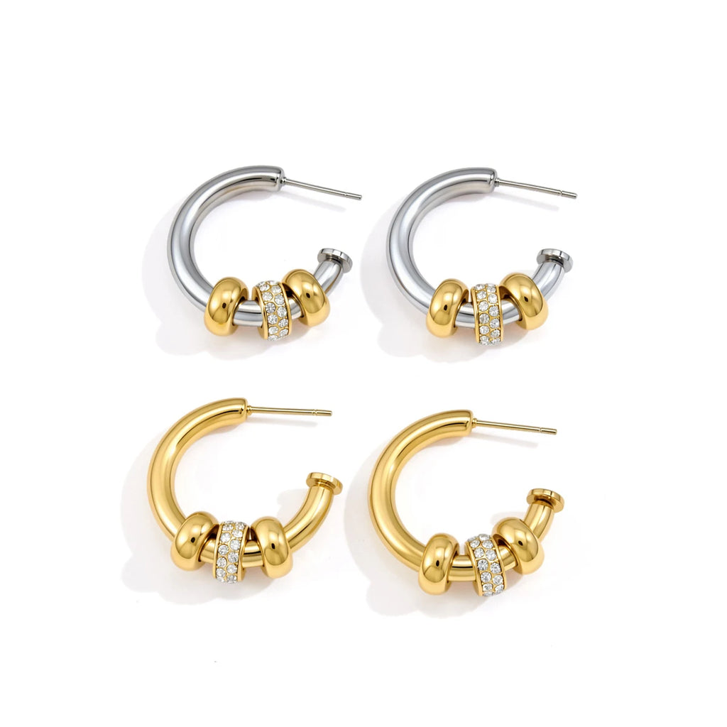 KIKA Delicate White Rhinestone C-Shaped Spliced Loop Earrings PVD Plated Stainless Steel 316L