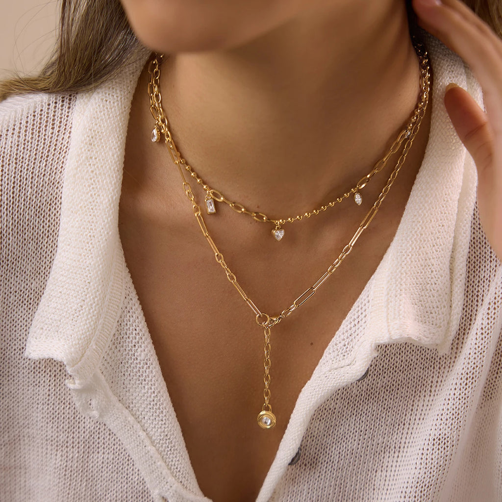 Kika Round Zircon Lock Pendant Y Shape Chain Necklace