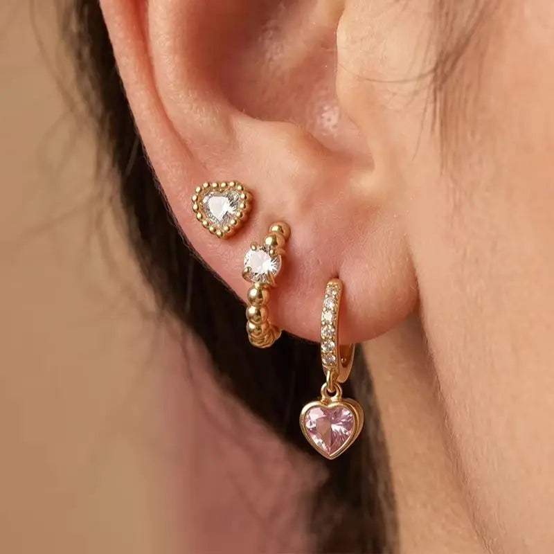 Kika 3 Pcs/Set Heart Zircon Earrings 18K Gold PVD Plated Stainless Steel 316L