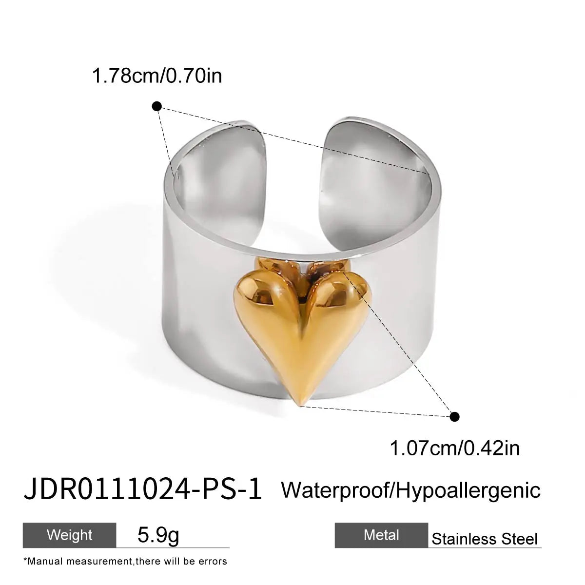 Kika Minimalism Gold And Silver Color Large Heart Cocktail Ring