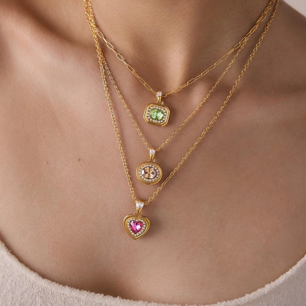 KIKA Multicolor Geometric Glass Pendant Necklace For Women 18K Gold PVD Plated Stainless Steel 316L Necklace Fashion Jewelry Gift