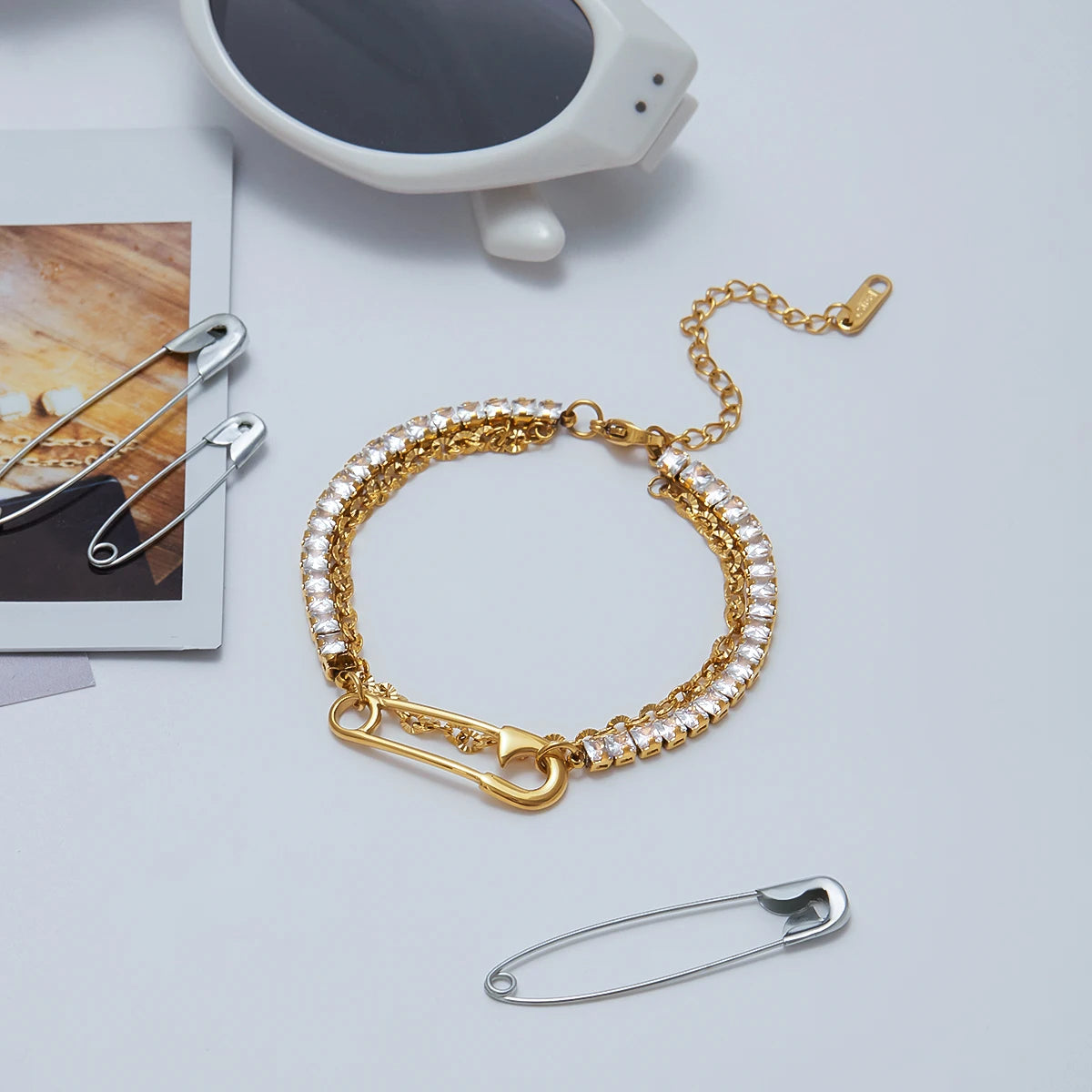 KIKA Simple Classic Square White Zircon Bracelet Paper Clip Double layer Bracelet Stainless Steel Chain Women's Jewelry Party