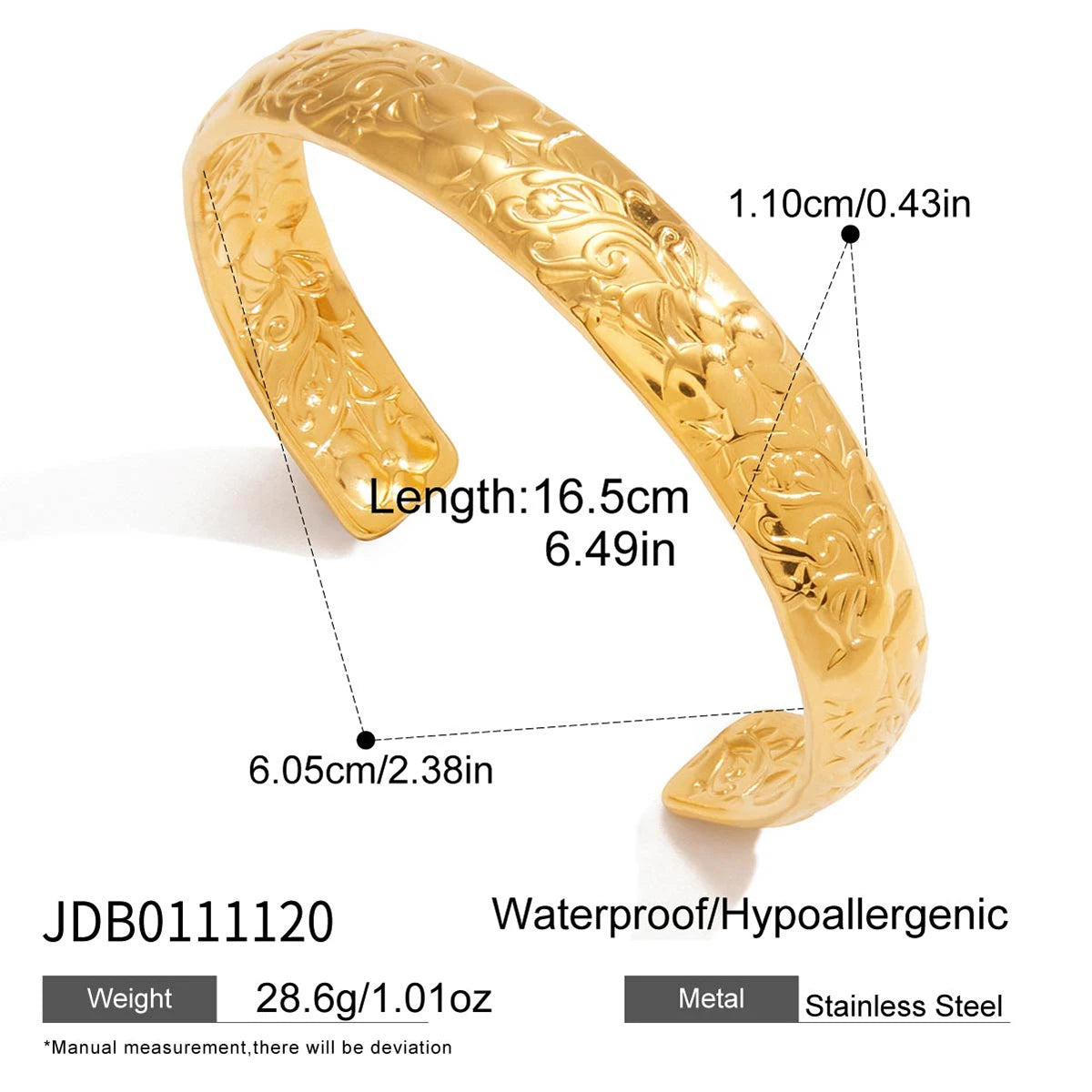 Vintage Flower Textured Open Bracelet Plated Gold Color Stainless Steel Bracelets