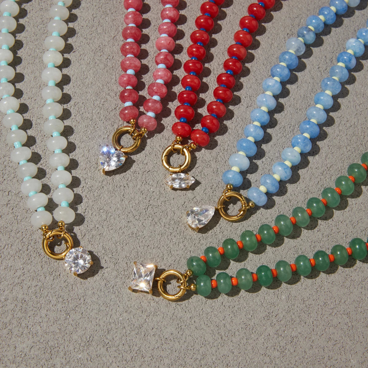 Kika Natural Stone Bead Chain Geometric Zircon Pendant Necklace
