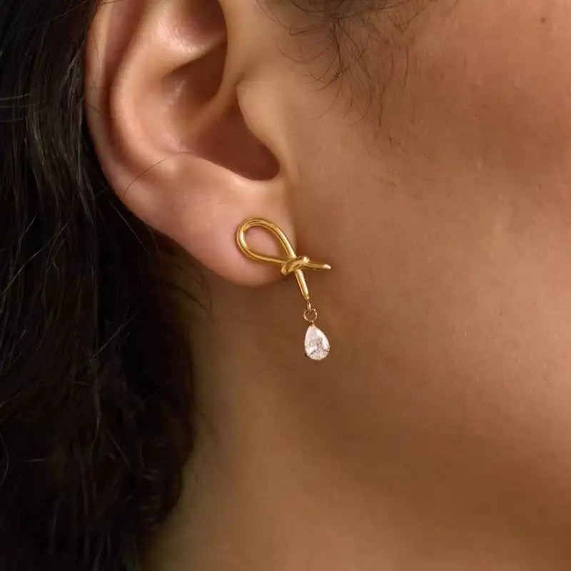 KIKA Water Drop Zircon Pendant Knotted Earrings Minimalist 18K Gold Plated Stainless Steel 316L