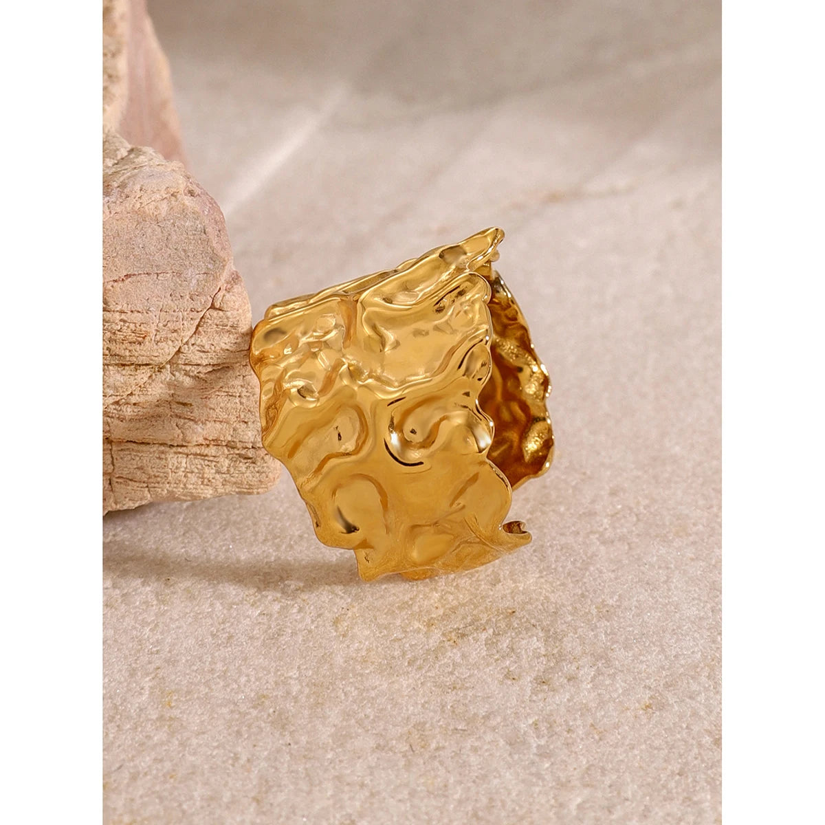 kika Stainless Steel With 18k Gold Color Plated Hammered Wide Open Ring