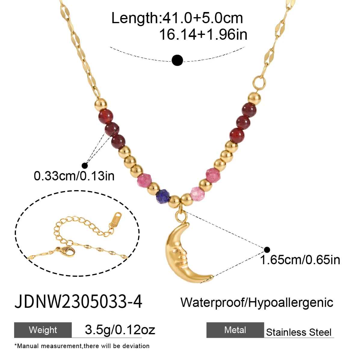 KIKA Natural Stone Beads Geometric Pendant Necklace For Women 18K Gold Plated Stainless Steel 316L