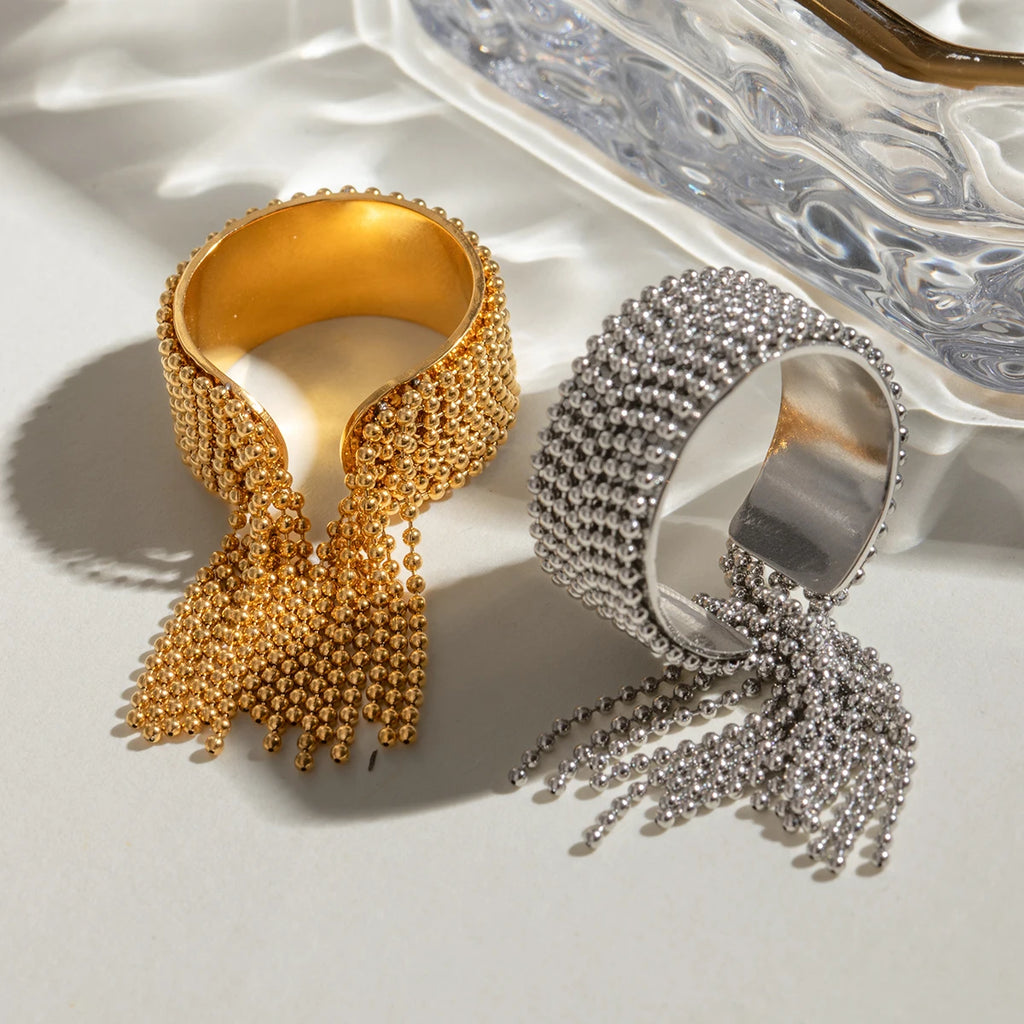 Kika 316L Statement Stainless Steel Chain Tassel Finger Ring Adjustable 18K PVD Plated High Quality Charm Stylish Golden Jewel