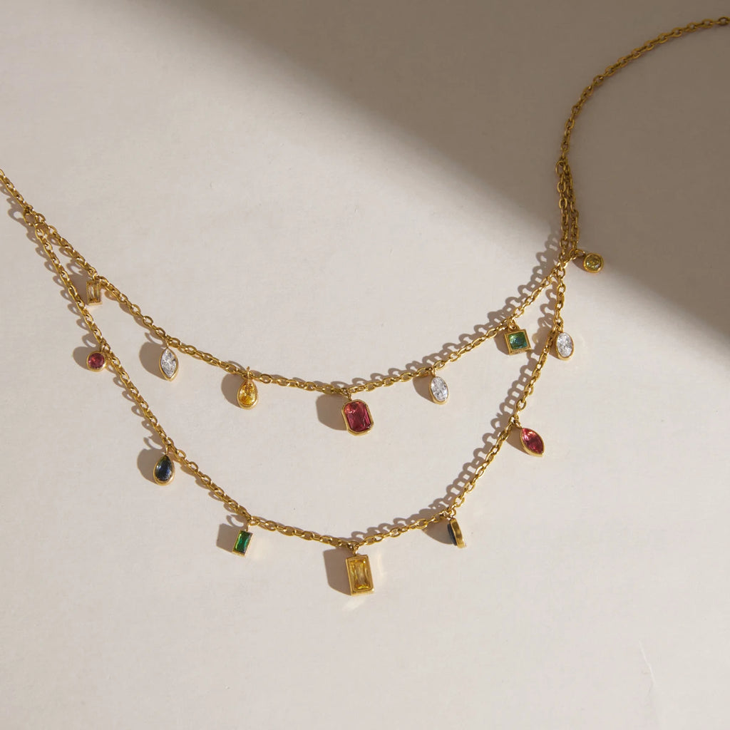 KIKA Multicolor Zircon Pendant Necklace Double Layer 18K Gold Plated Stainless Steel 316L
