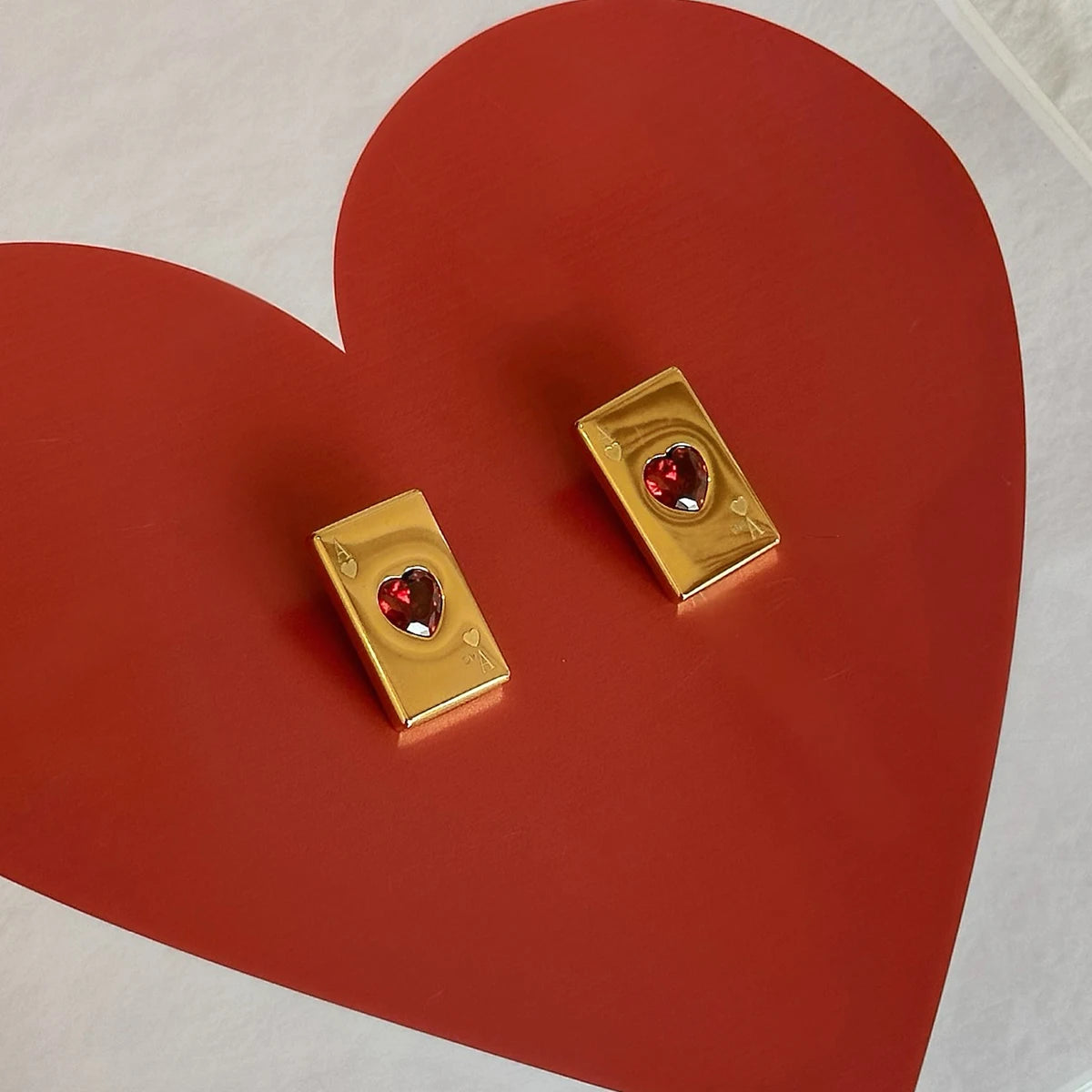 KIKA Fashion Vintage Heart Shaped Red Zircon Poker Ear Studs PVD Plated Stainless Steel Red Peach Wealthy