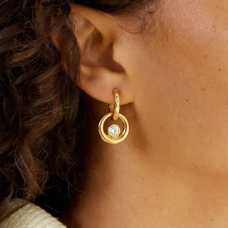 Kika Classic Round Zircon Drop Earrings Gold PVD Plated Stainless Steel 316L