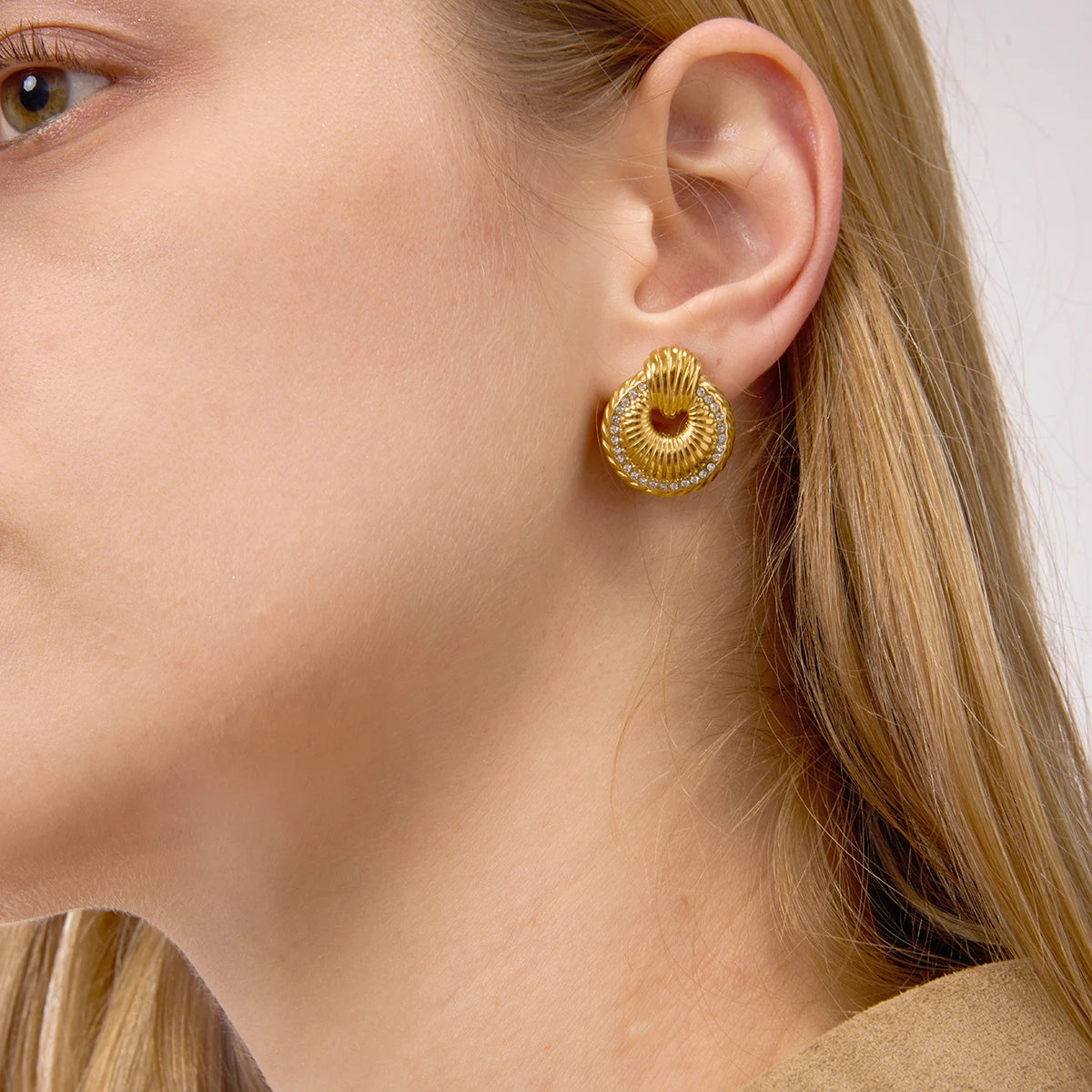 KIKA Simple Classic Round Hollow Thread Bull Horn Earrings 18K Gold Color PVD  Plated Stainless Steel 316L Door Handle Ear Studs
