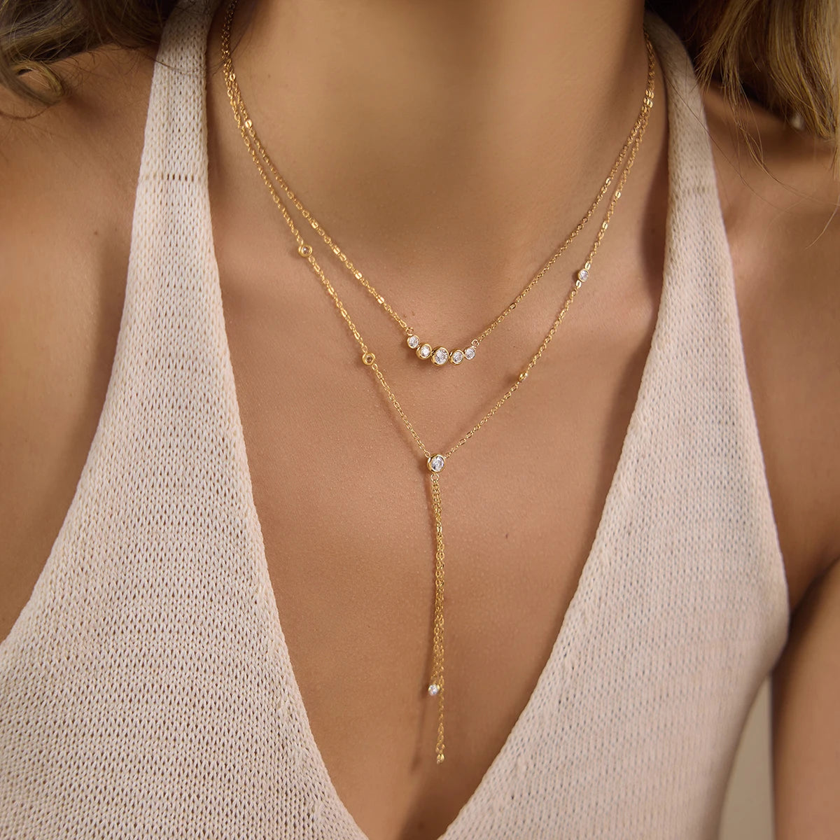 Kika Delicate Round White Zircon Smiley Face Y-Shaped Chain Double-Layer Necklaces